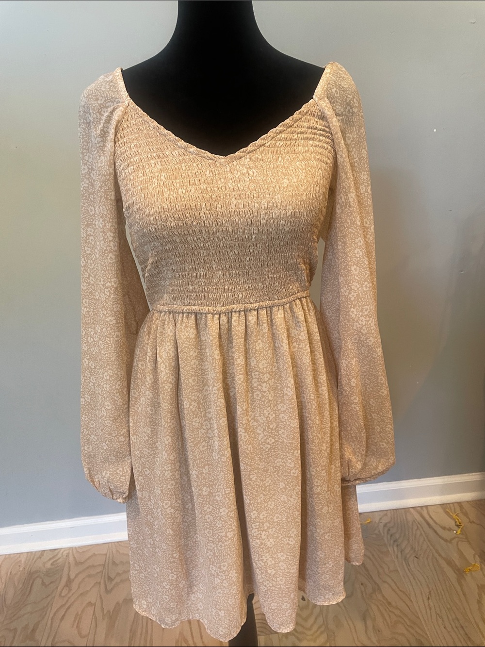 Beige Floral Long-Sleeve Smocked Waist Dress